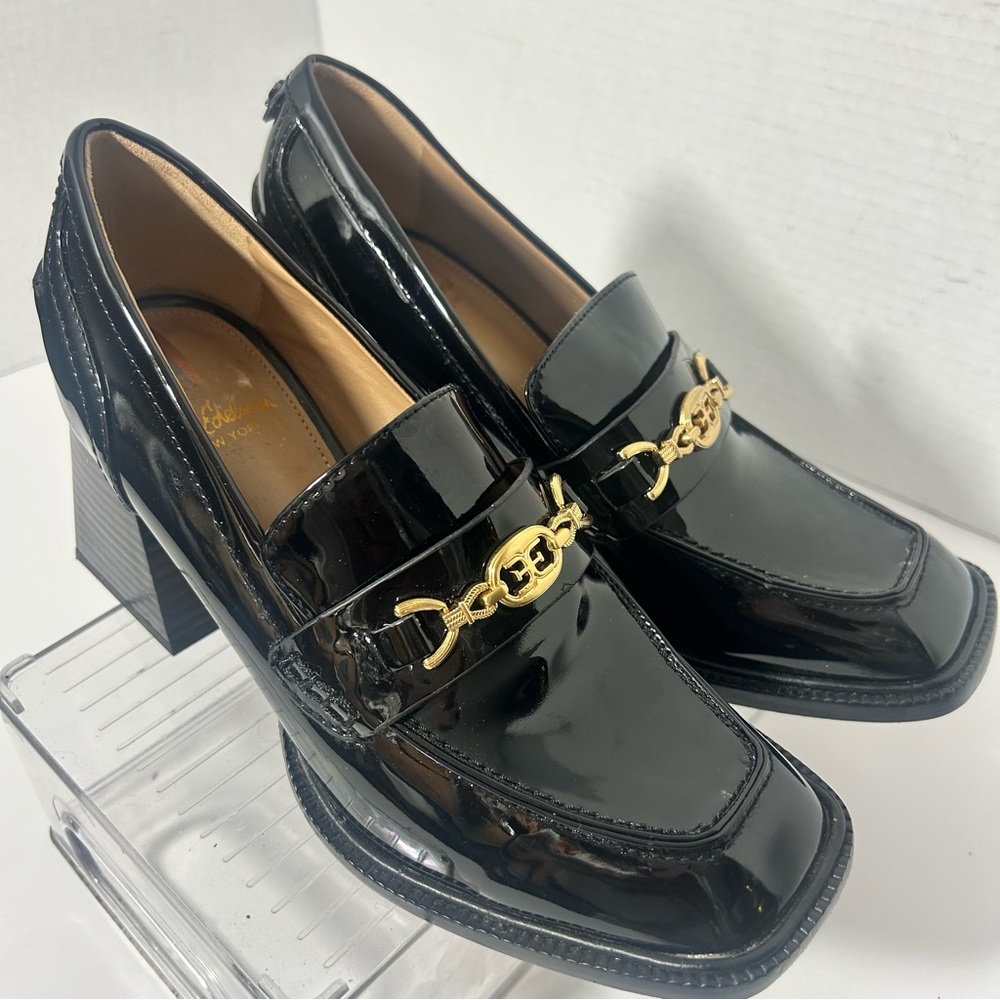 Sam Edelman Black Patent Leather Loafers Gold Chain Chunky 3” Heel Schoolgirl